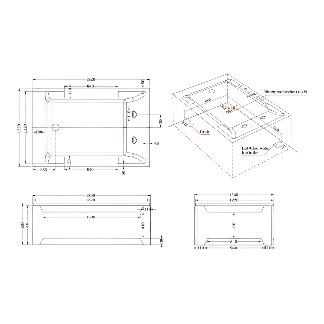 Vrijstaand Massagebad – Valenza – Glans Wit – 182x122x67 cm
