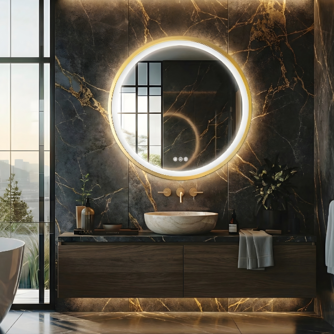 Miroir de salle de bain LED Lorenzo — 60 x 60 cm — Or brossé — Rond
