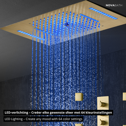 5-in-1 Thermostatische Inbouw Regendoucheset Julia – Bluetooth & Speakers – LED Verlichting – Massagejets - Geborsteld goud - Incl. inbouwdeel