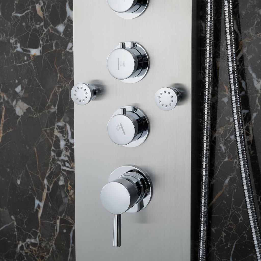 Douchepaneel Manuel – Waterval – Massagejets – Geborsteld nikkel - 150 × 20 × 60 cm