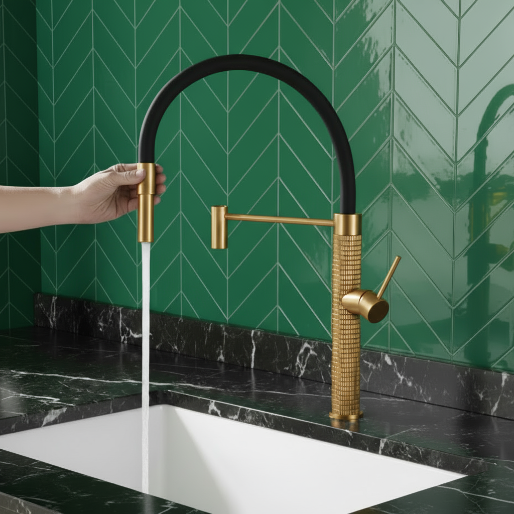 Semi-professionele Keukenkraan Angelica – Uittrekbare Uitloop – Geborsteld goud - 52.9 × 24.9 × 5.5 cm