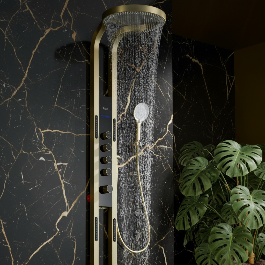 Thermostatisch Douchepaneel Marcelo – Digitale Display - Geborsteld goud - 182 × 40 × 52 cm