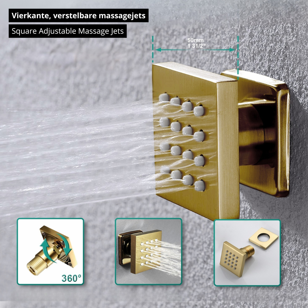 5-in-1 Thermostatische Inbouw Regendoucheset Julia – Bluetooth & Speakers – LED Verlichting – Massagejets - Geborsteld goud - Incl. inbouwdeel