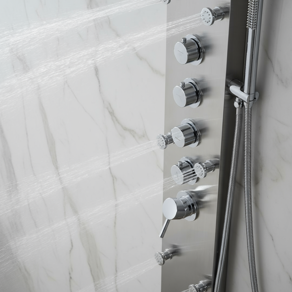 Douchepaneel Manuel – Waterval – Massagejets – Geborsteld nikkel - 150 × 20 × 60 cm