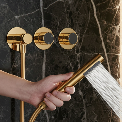 Marino Thermostatisch Inbouw Douchesysteem — Regen & Waterval — Geborsteld Goud