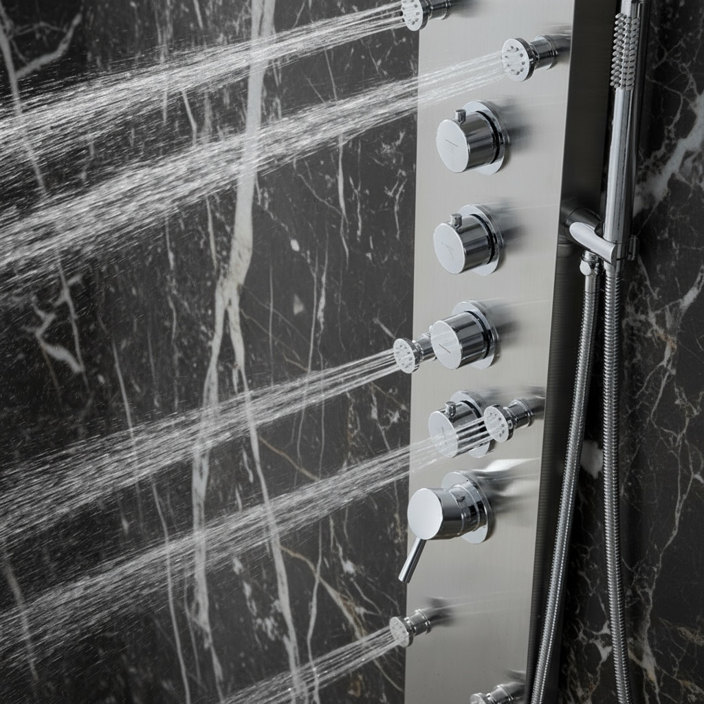 Douchepaneel Manuel – Waterval – Massagejets – Geborsteld nikkel - 150 × 20 × 60 cm