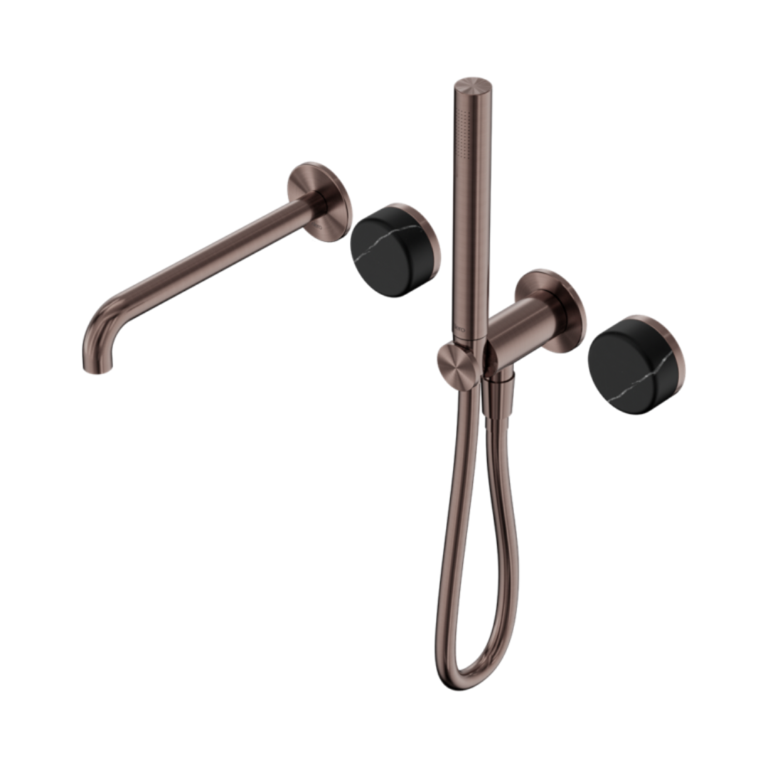 Inbouw badmengkraan Sorrento - Marquina Black - Staafhanddouche en uitloop - Zonder achterplaat - Brushed bronze