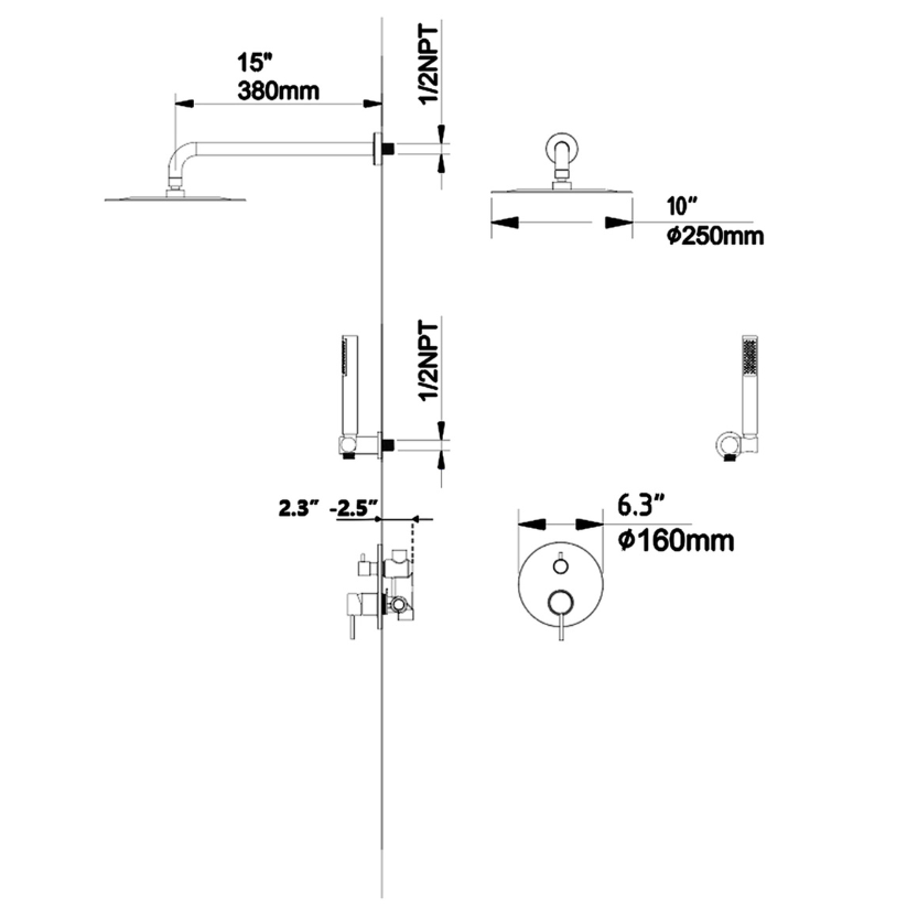 Inbouw Regendoucheset Vincent – Staafhanddouche – Geborsteld goud - Incl. inbouwdeel