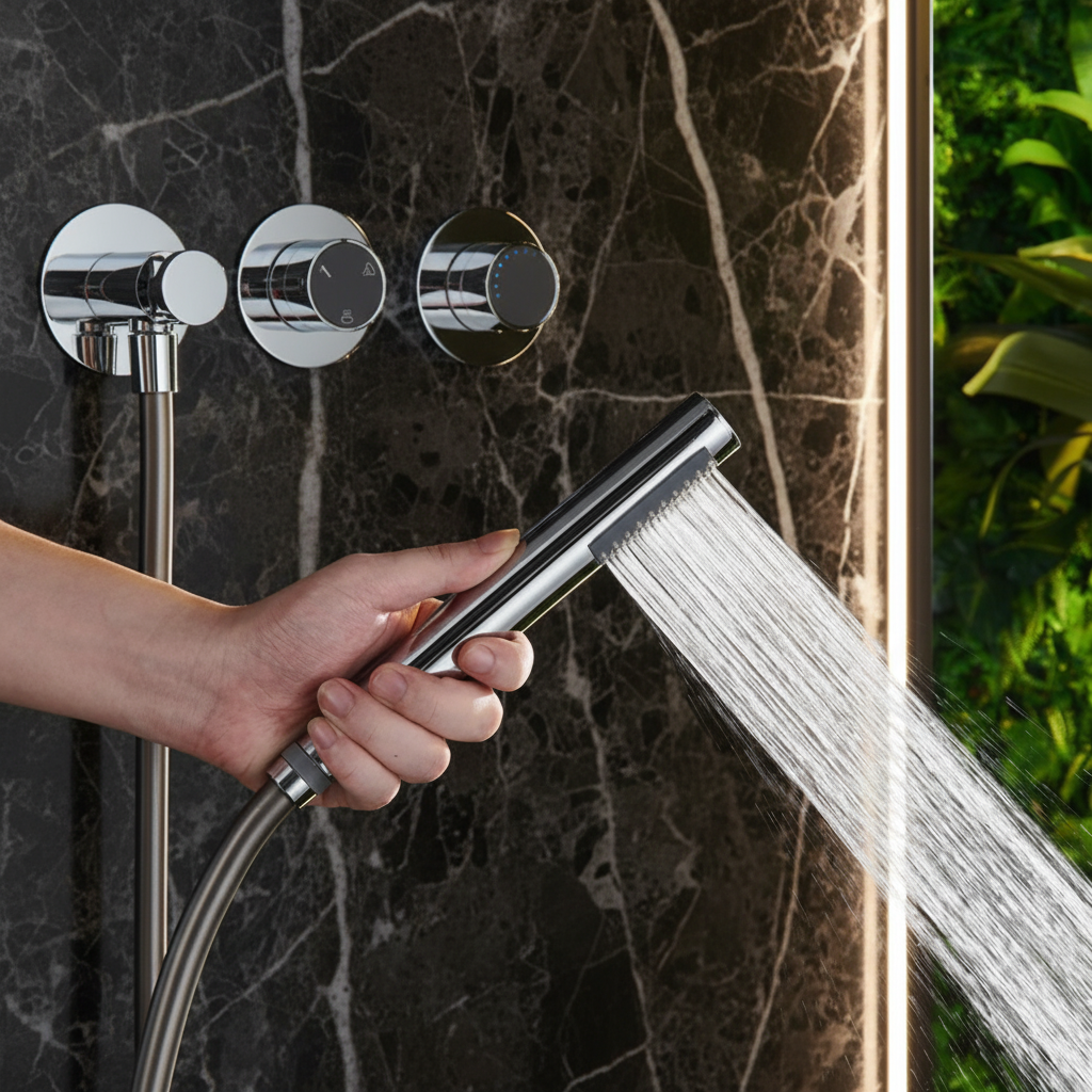 Thermostatische Inbouw Regendoucheset Marino – Digitale display - Waterval & Staafhanddouche – Gunmetal Grey - Incl. inbouwdeel