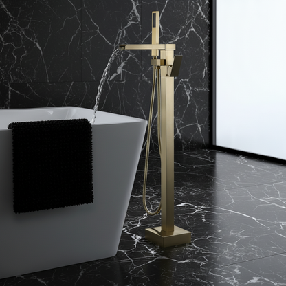 Vrijstaande Badkraan Lisandro – Watervaluitloop – Geborsteld goud - 87 × 22 × 15 cm