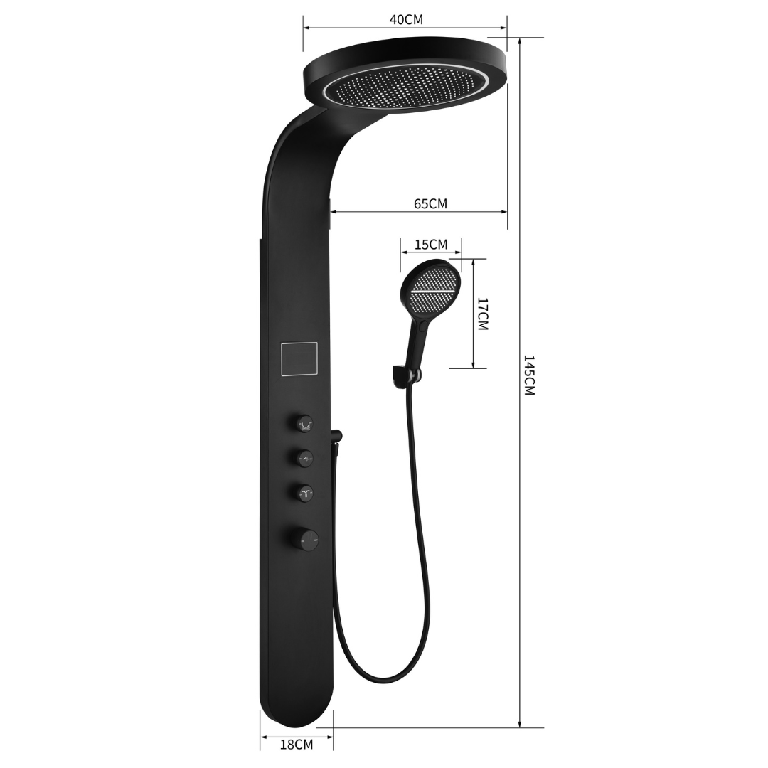 Douchepaneel Elena - LED - Digitaal display - Mat zwart- 145 × 18 × 65 cm