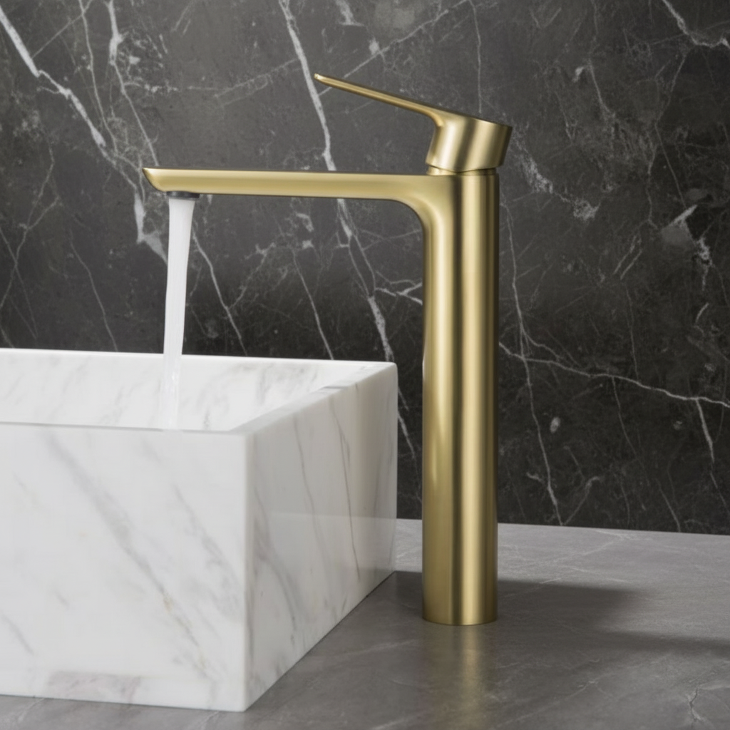 Hoge wastafelkraan  – Silvio – Geborsteld goud - 31,5 × 19 × 4,5 cm