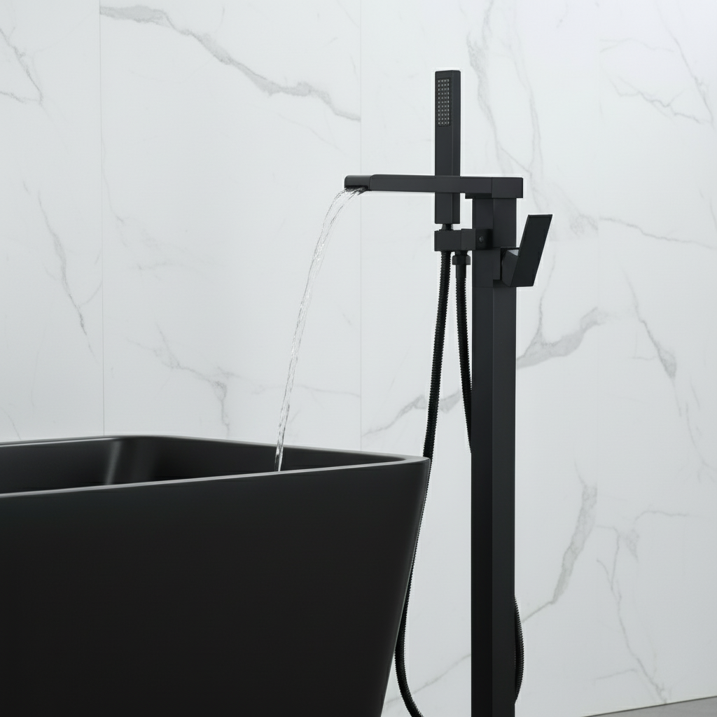 Vrijstaande Badkraan Lisandro – Watervaluitloop – Mat zwart - 87 × 22 × 15 cm