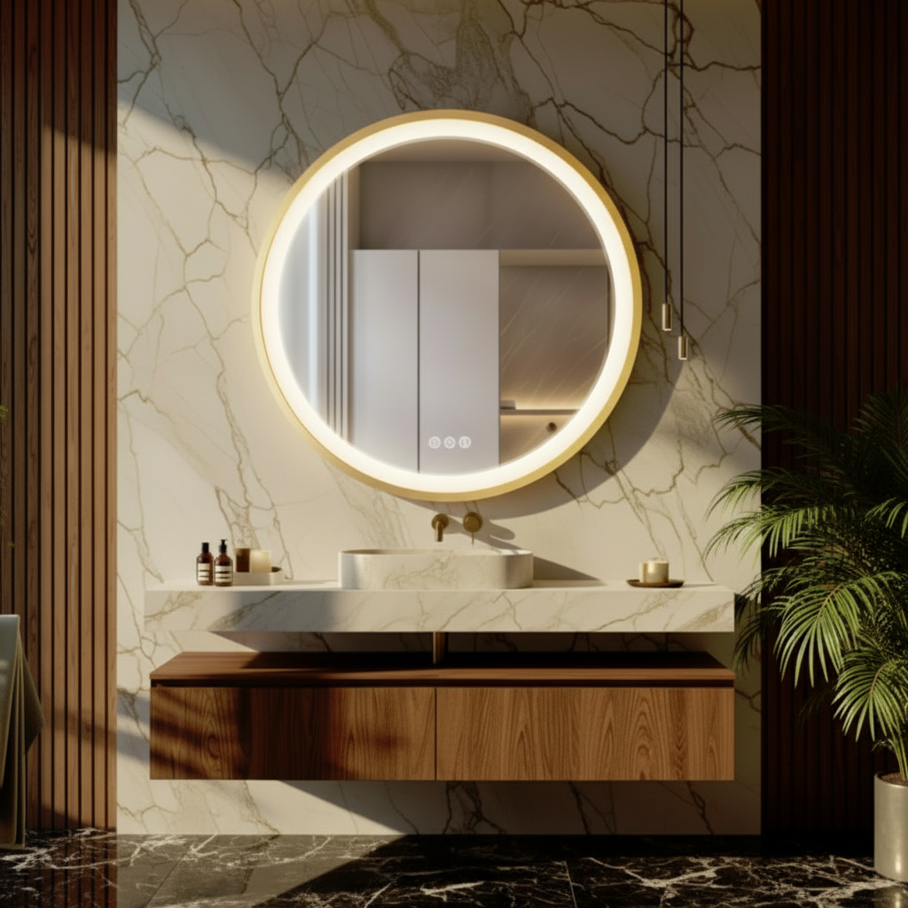 Miroir de salle de bain LED Lorenzo — 60 x 60 cm — Or brossé — Rond
