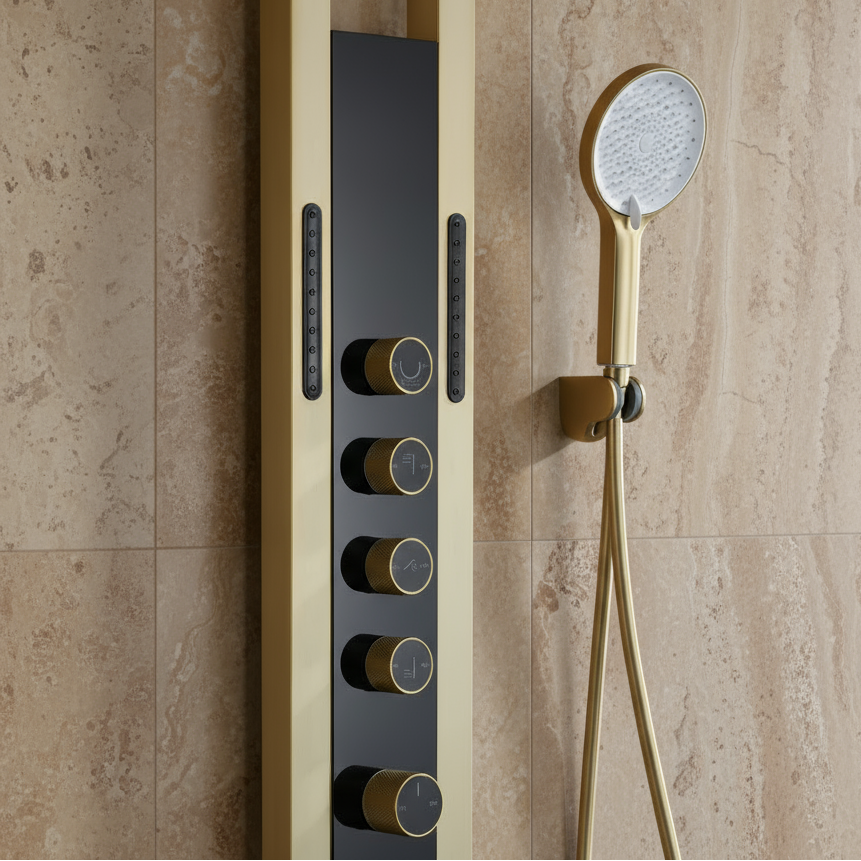 Thermostatisch Douchepaneel Marcelo – Digitale Display - Geborsteld goud - 182 × 40 × 52 cm