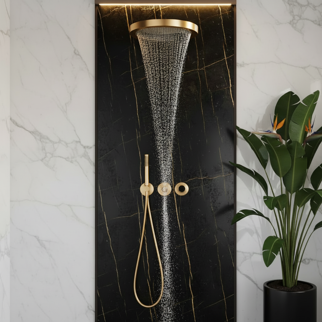 Marino Thermostatisch Inbouw Douchesysteem — Regen & Waterval — Geborsteld Goud