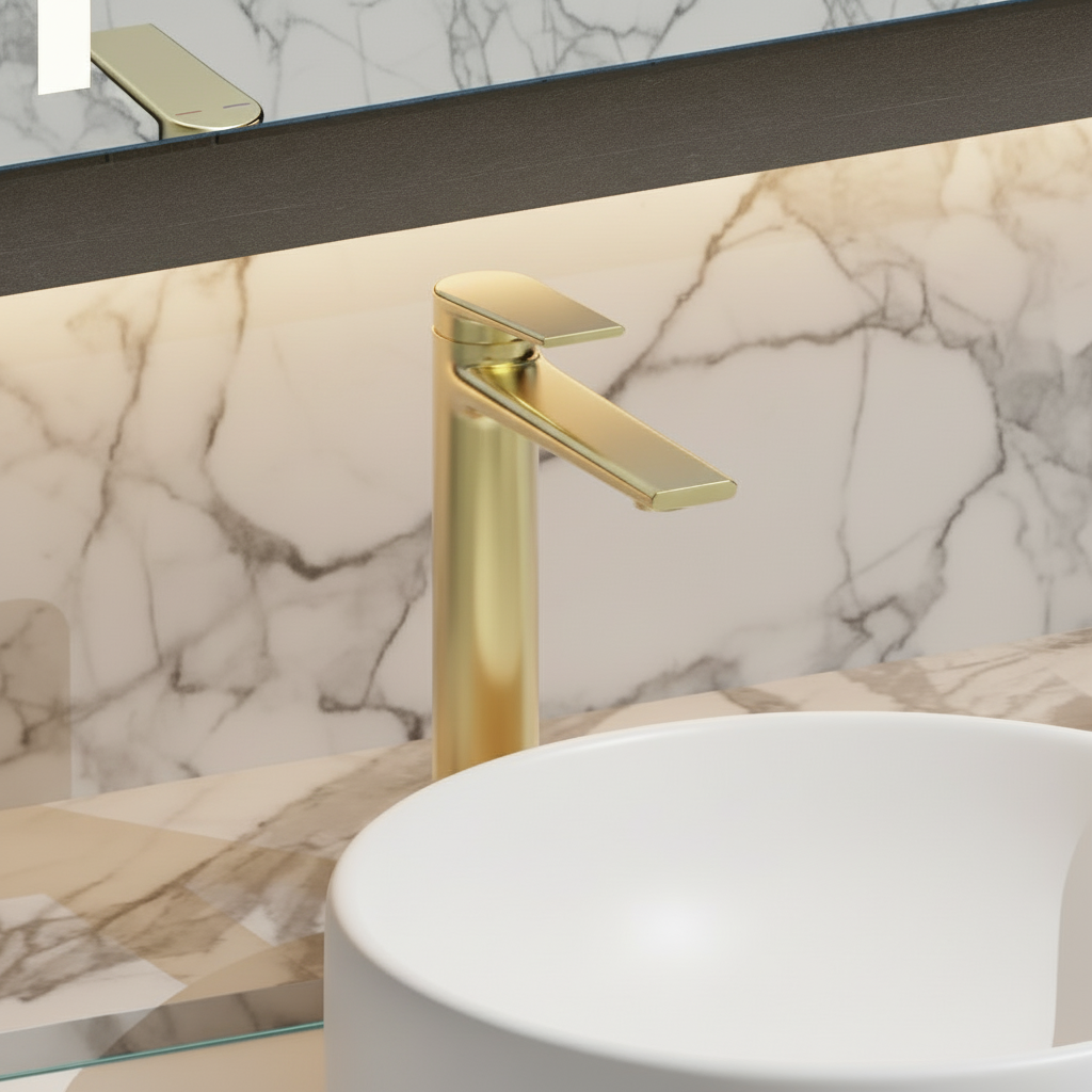 Hoge wastafelkraan Diego  – Geborsteld goud - 27,5 × 16,6 × 22,3 cm