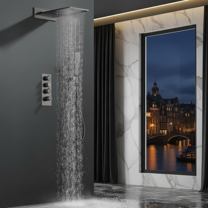 Thermostatische Inbouw Regendoucheset Isabella - Waterval - Gunmetal grey - Incl. inbouwdeel
