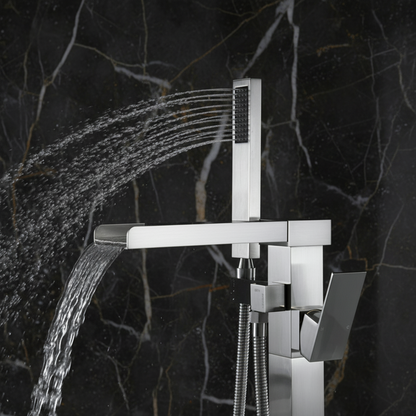 Vrijstaande Badkraan Lisandro – Watervaluitloop – Geborsteld nikkel - 87 × 22 × 15 cm