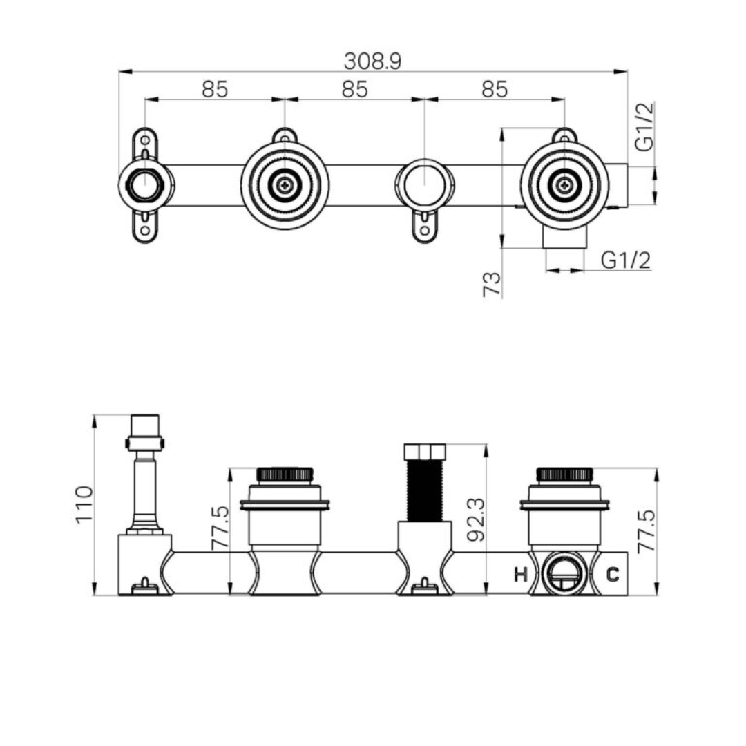 Inbouw badmengkraan Sorrento - Marquina Black - Staafhanddouche en uitloop - Zonder achterplaat - Brushed gold