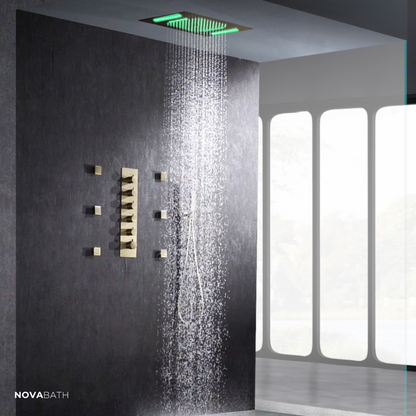 5-in-1 Thermostatische Inbouw Regendoucheset Julia – Bluetooth & Speakers – LED Verlichting – Massagejets - Geborsteld goud - Incl. inbouwdeel