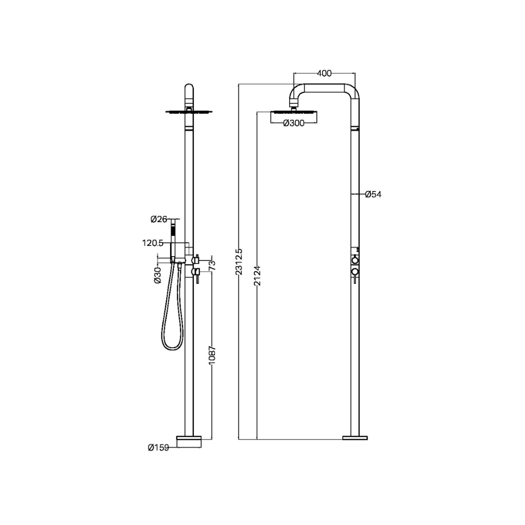 Buitendoucheset Capri – Vrijstaand – Regendouche & Staafhanddouche - Brushed gold
