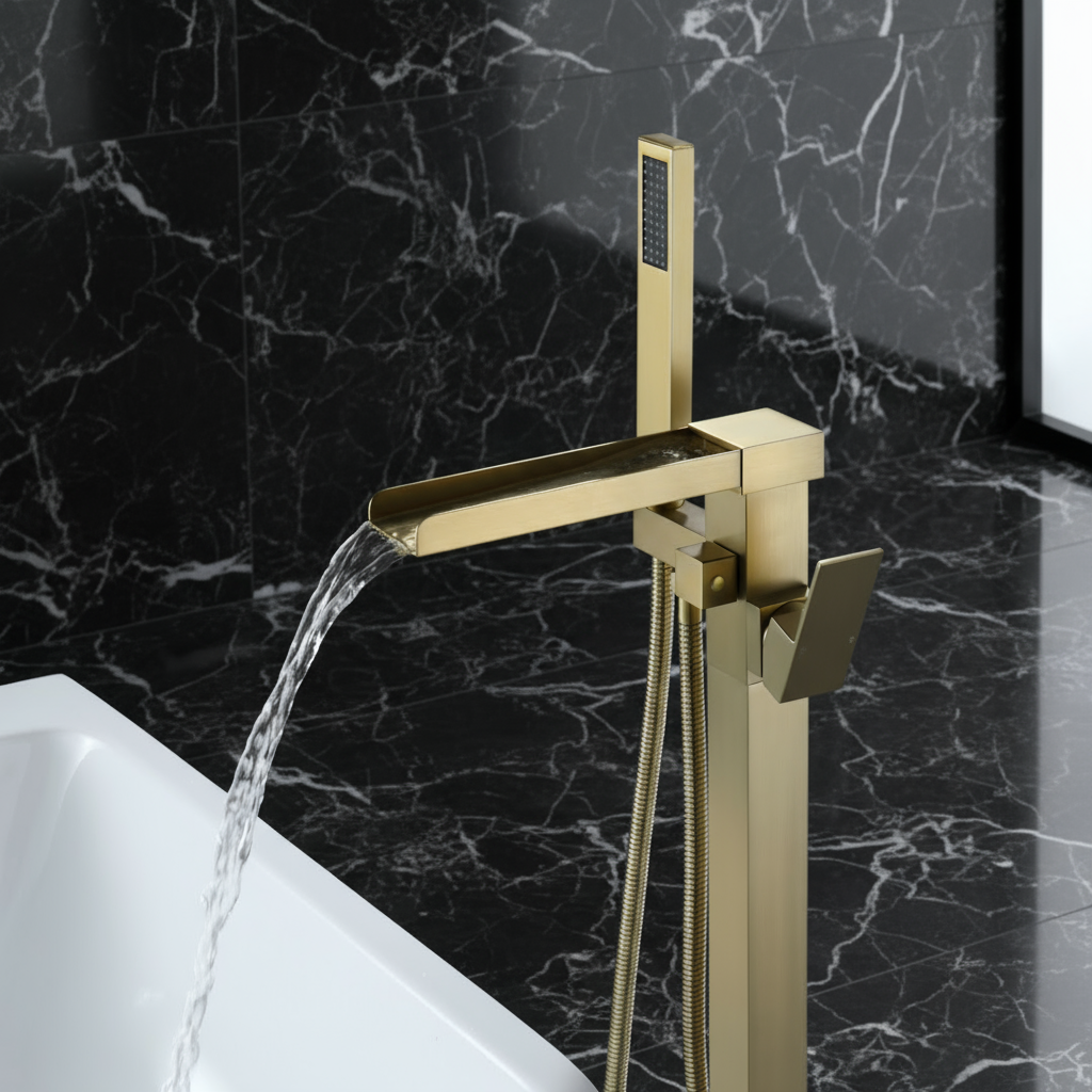 Vrijstaande Badkraan Lisandro – Watervaluitloop – Geborsteld goud - 87 × 22 × 15 cm