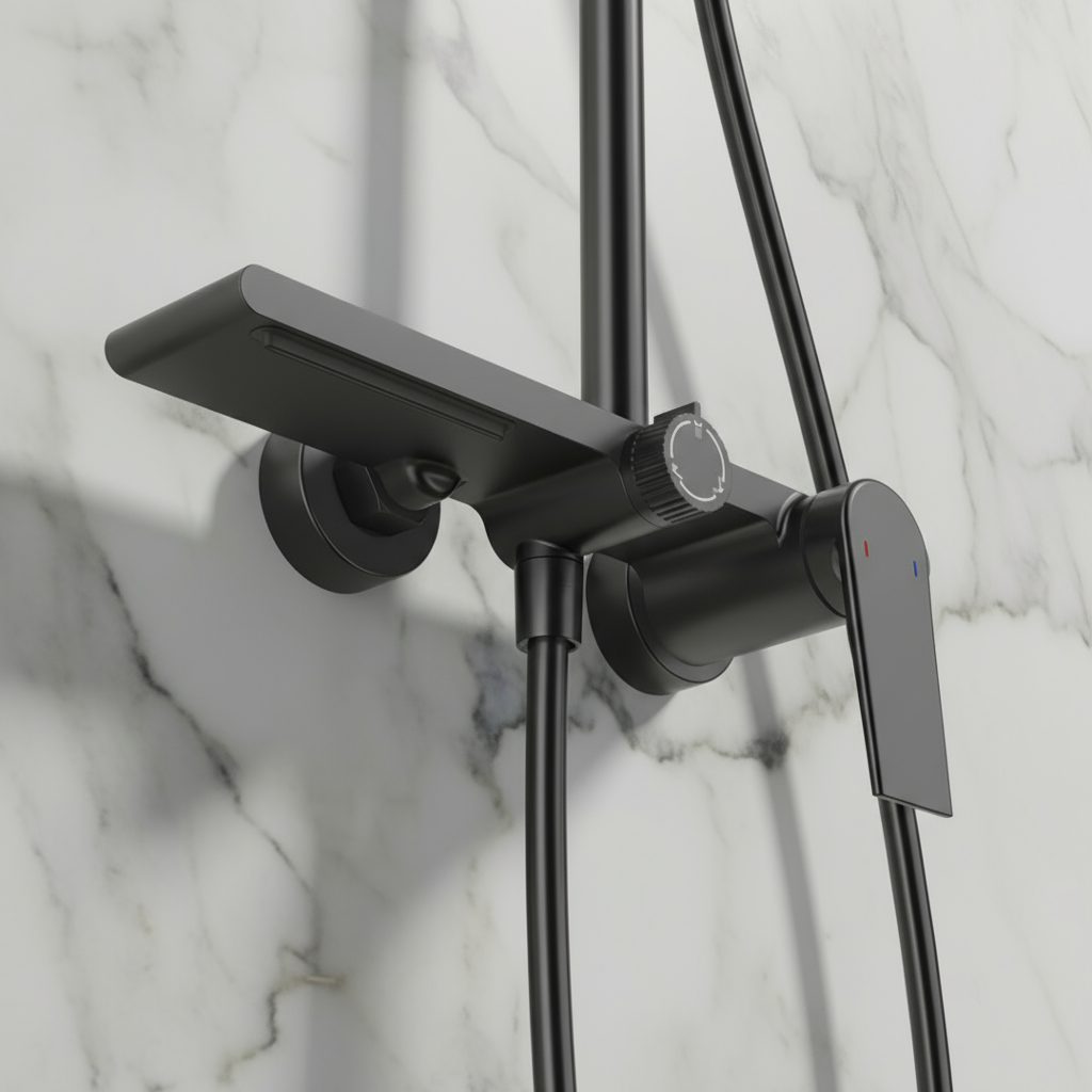 Opbouw regendoucheset Cynthia - Mat zwart - 130 × 35 × 25 cm