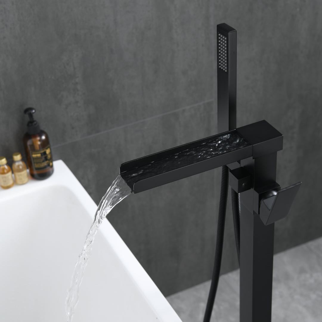 Vrijstaande Badkraan Lisandro – Watervaluitloop – Mat zwart - 87 × 22 × 15 cm