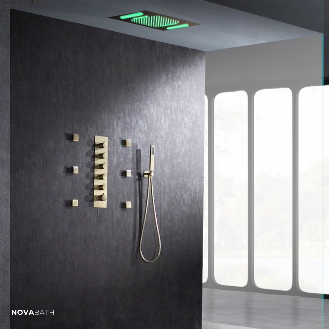 5-in-1 Thermostatische Inbouw Regendoucheset Julia – Bluetooth & Speakers – LED Verlichting – Massagejets - Geborsteld goud - Incl. inbouwdeel