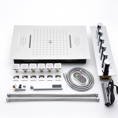 5-in-1 Thermostatische Inbouw Regendoucheset Julia – Bluetooth & Speakers – LED Verlichting – Massagejets - Geborsteld goud - Incl. inbouwdeel