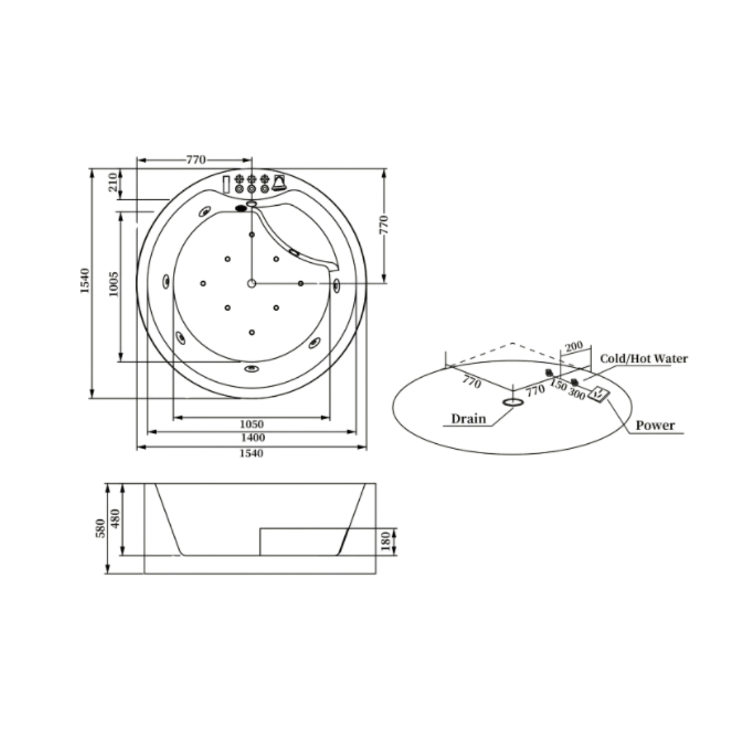 Vrijstaand Rond Massagebad – Amalfi – Glans Wit – 154x154x58 cm