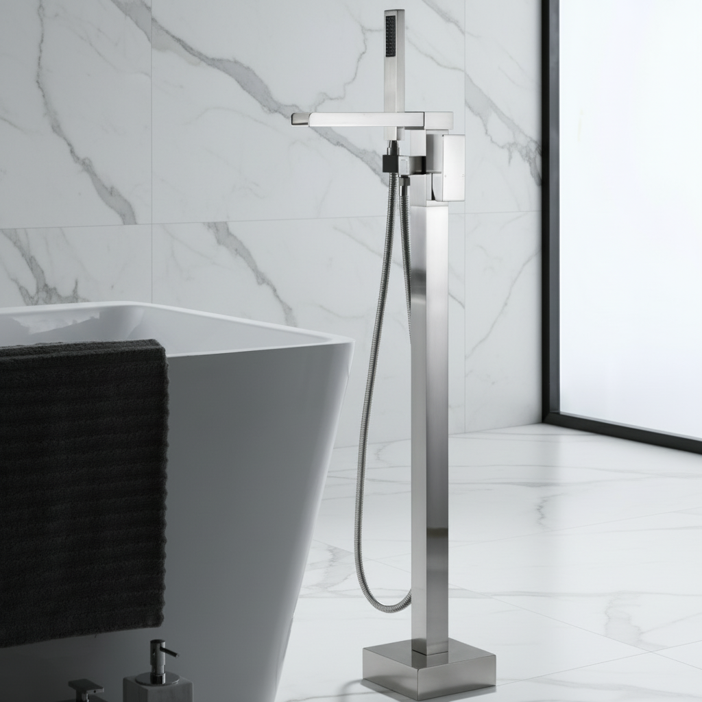 Vrijstaande Badkraan Lisandro – Watervaluitloop – Geborsteld nikkel - 87 × 22 × 15 cm