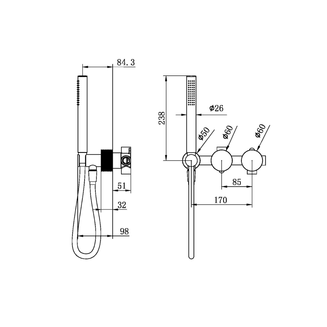 Inbouw douchemengkranen Valencia - Staafhanddouche - Zonder achterplaat - Brushed nickel