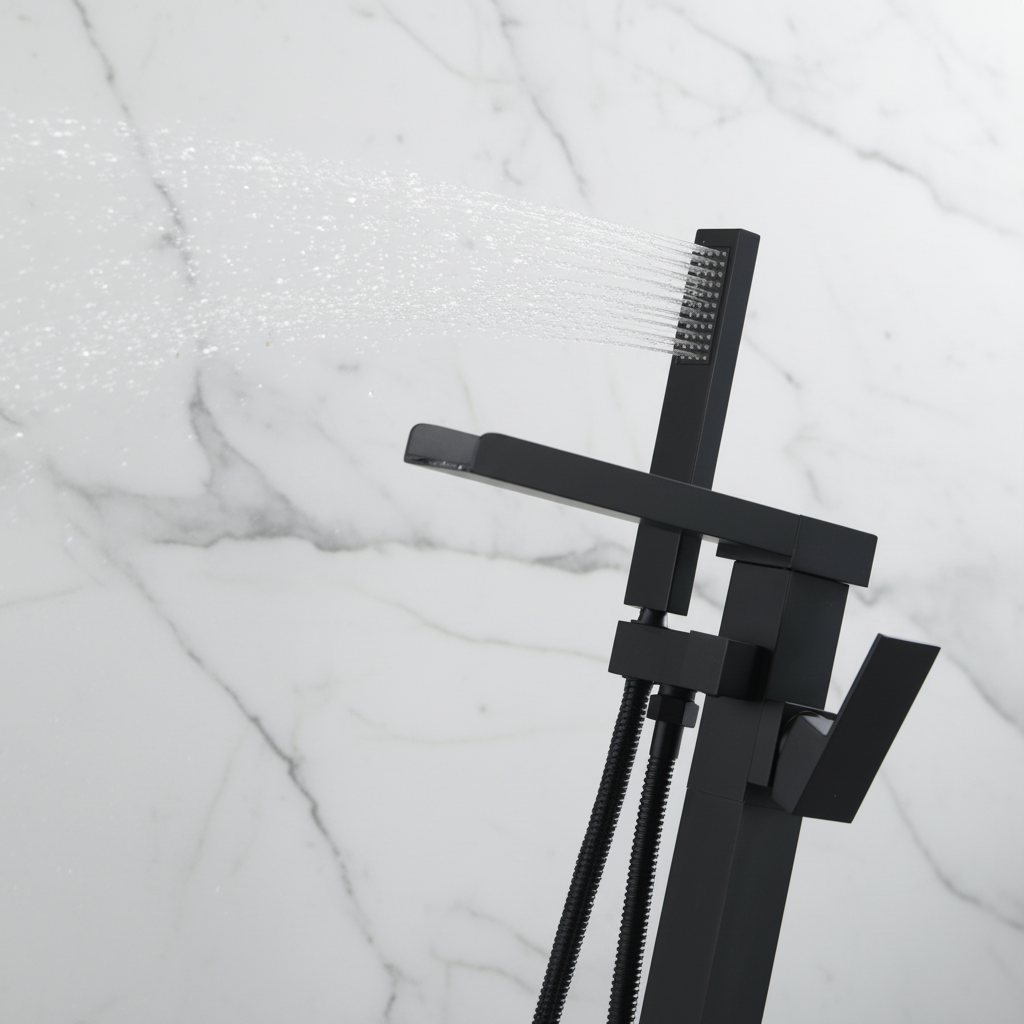 Vrijstaande Badkraan Lisandro – Watervaluitloop – Mat zwart - 87 × 22 × 15 cm