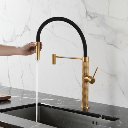 Semi-professionele Keukenkraan Angelica – Uittrekbare Uitloop – Geborsteld goud - 52.9 × 24.9 × 5.5 cm