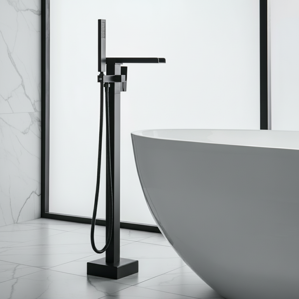 Vrijstaande Badkraan Lisandro – Watervaluitloop – Mat zwart - 87 × 22 × 15 cm