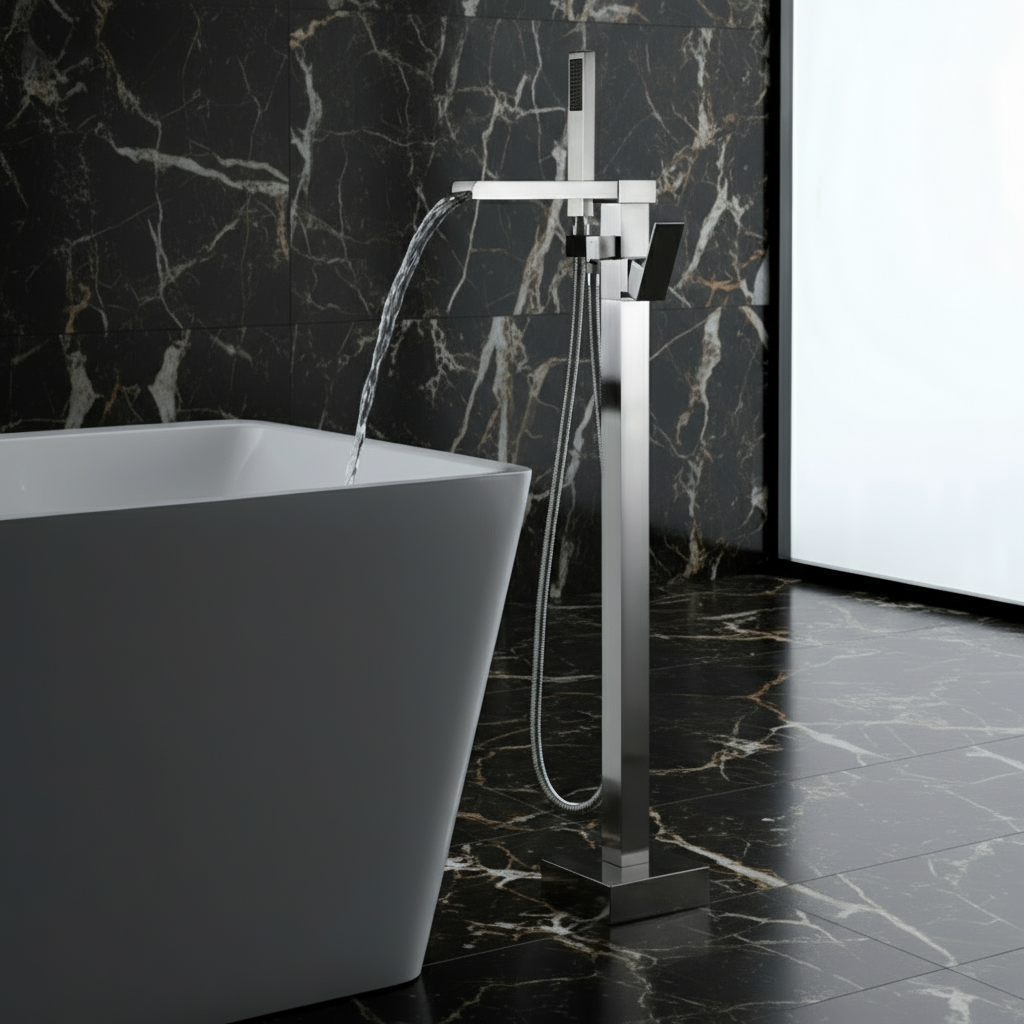 Vrijstaande Badkraan Lisandro – Watervaluitloop – Geborsteld nikkel - 87 × 22 × 15 cm