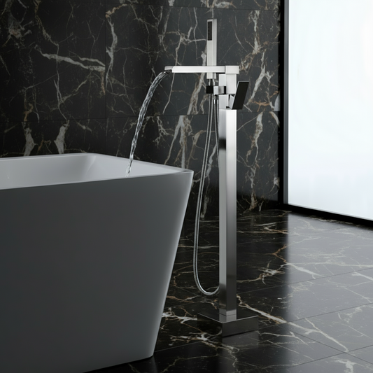 Vrijstaande Badkraan Lisandro – Watervaluitloop – Geborsteld nikkel - 87 × 22 × 15 cm