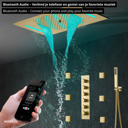 5-in-1 Thermostatische Inbouw Regendoucheset Julia – Bluetooth & Speakers – LED Verlichting – Massagejets - Geborsteld goud - Incl. inbouwdeel