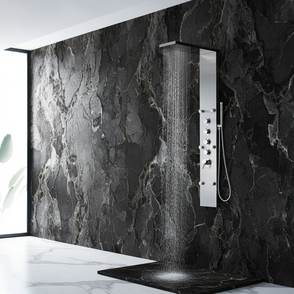 Douchepaneel Manuel – Waterval – Massagejets – Geborsteld nikkel - 150 × 20 × 60 cm