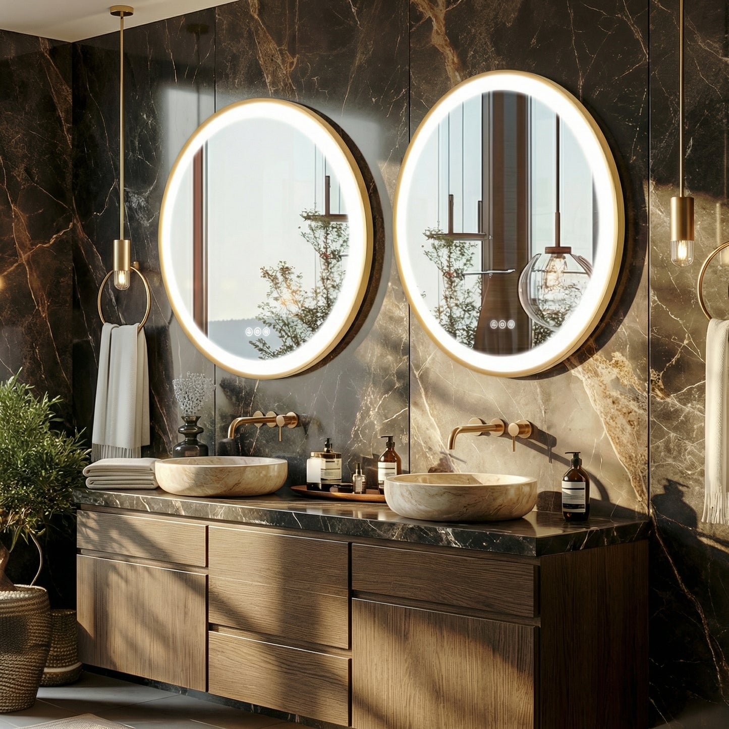 Miroir de salle de bain LED Lorenzo — 60 x 60 cm — Or brossé — Rond