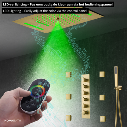 5-in-1 Thermostatische Inbouw Regendoucheset Julia – Bluetooth & Speakers – LED Verlichting – Massagejets - Geborsteld goud - Incl. inbouwdeel