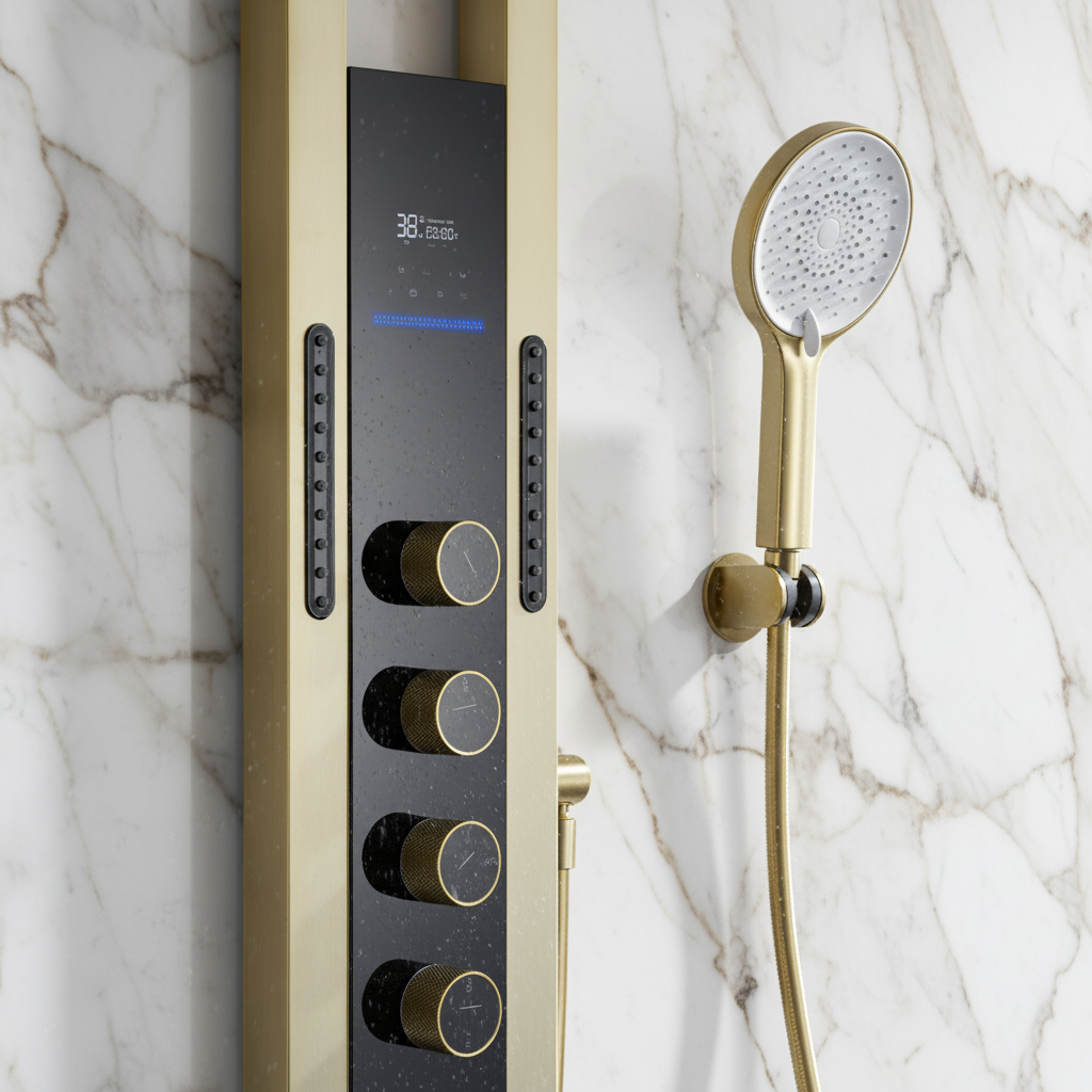 Thermostatisch Douchepaneel Marcelo – Digitale Display - Geborsteld goud - 182 × 40 × 52 cm