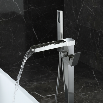 Vrijstaande Badkraan Lisandro – Watervaluitloop – Geborsteld nikkel - 87 × 22 × 15 cm