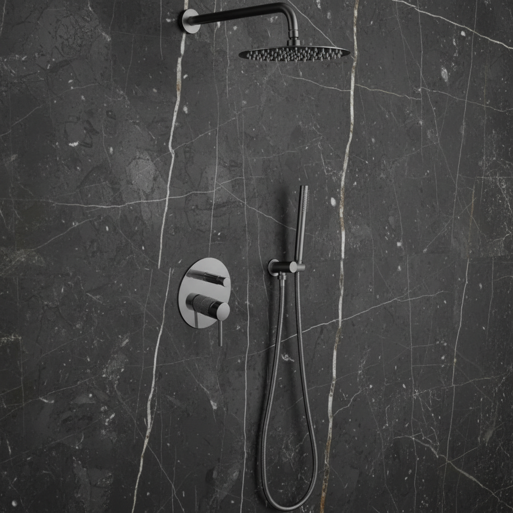 Inbouw Regendoucheset Angelica – Staafhanddouche – Gunmetal grey - Incl. inbouwdeel