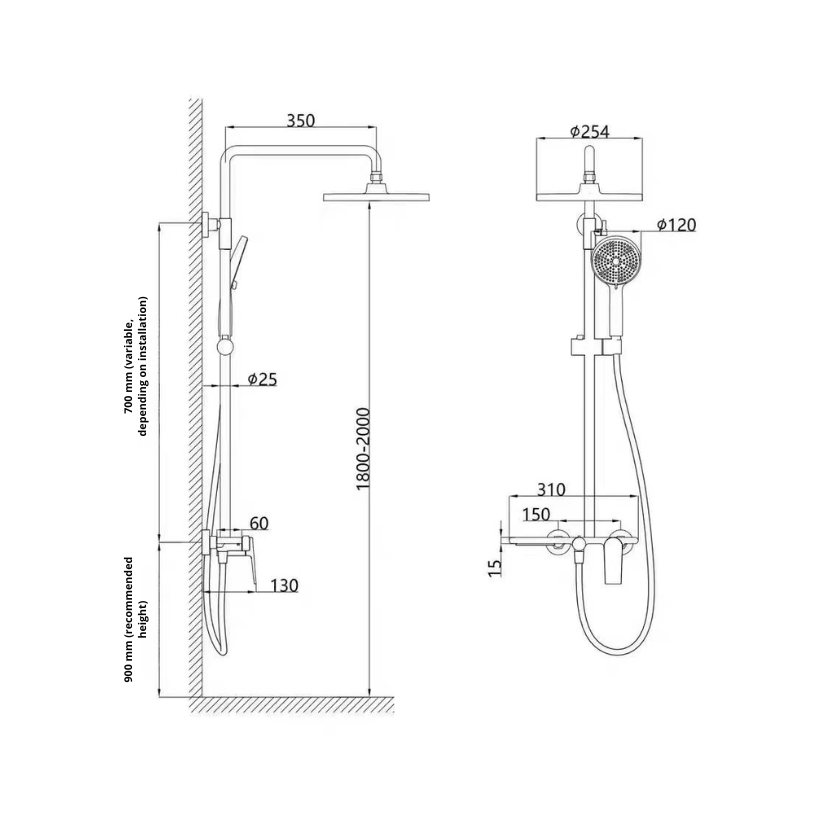 Opbouw regendoucheset Cynthia - Mat wit - 130 × 35 × 25 cm