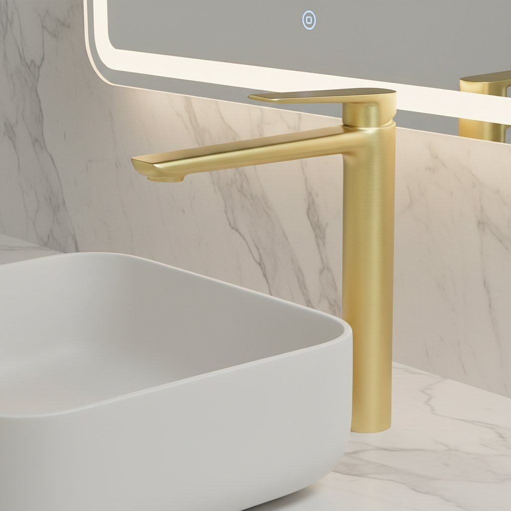 Hoge wastafelkraan Diego  – Geborsteld goud - 27,5 × 16,6 × 22,3 cm