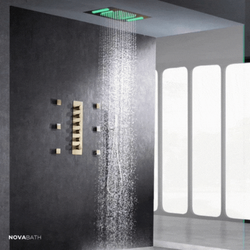 5-in-1 Thermostatische Inbouw Regendoucheset Julia – Bluetooth & Speakers – LED Verlichting – Massagejets - Geborsteld goud - Incl. inbouwdeel