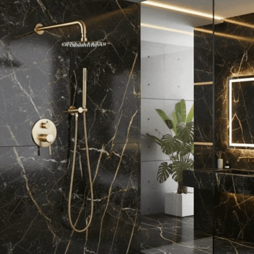 Inbouw Regendoucheset Vincent – Staafhanddouche – Geborsteld goud - Incl. inbouwdeel